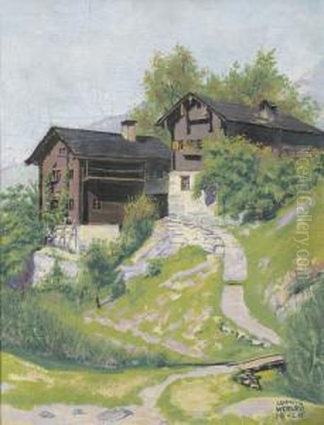 Zwei Walliser Bauernhauser Oil Painting by Ludwig Werlen