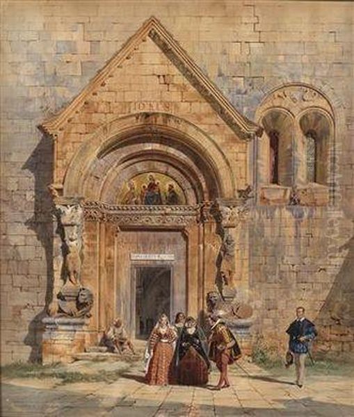 Kirchenportal Und Personengruppe In Mittelalterlicher Tracht Oil Painting by Carl Friedrich H. Werner