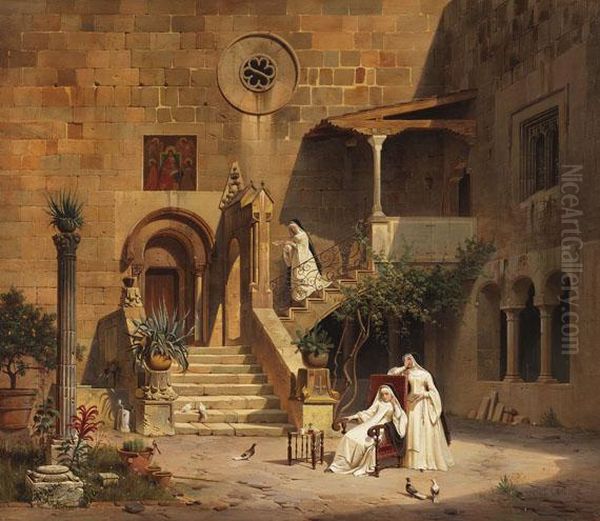 Drei Ordensschwestern Im Sonnigen Klosterhof Oil Painting by Carl Friedrich H. Werner