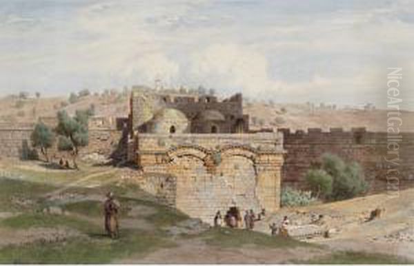 Townspeople At The Temple Of Luxor Oil Painting by Carl Friedrich H. Werner