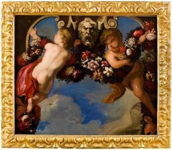 Putti Con Ghirlande Di Fiori Entro Edicole Architettoniche Oil Painting by Franz Werner Tamm