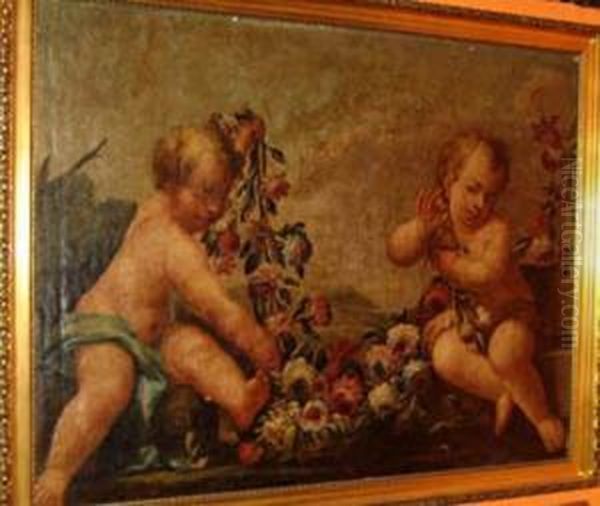 Two Putti Holding A Garland Of Flower Oil Painting by Franz Werner Tamm