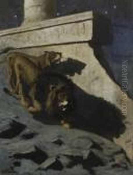 Couple De Lions La Nuit Au Pied D'un Temple Oil Painting by Gustav Wertheimer