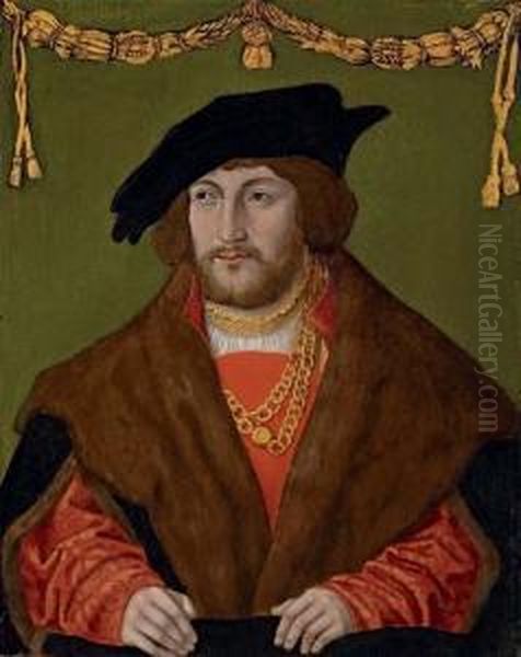 Portrait Of A Gentleman, Bust-length, In A Red Doublet With A Brown Fur Cloak, A Gold Chain And A Black Cap Oil Painting by Hans Wertinger