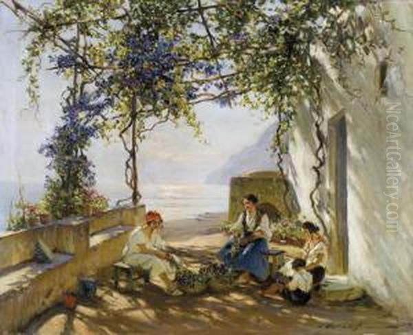 Frauen In Einer Glyzinien-pergola Auf Capri Oil Painting by Konstantin A. Weschtschiloff