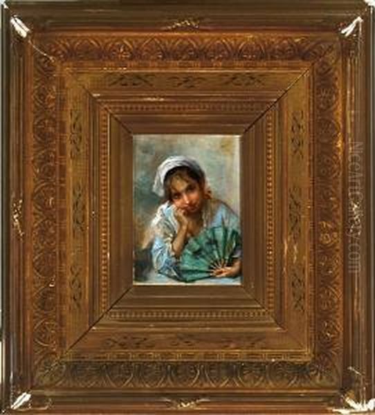 Spanish Girl Holding A Fan Oil Painting by Manuel Wessel De Guimbarda