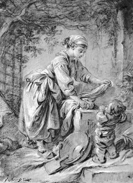 A washerwoman at a fountain with a child under a trellis Oil Painting by Francois Boucher