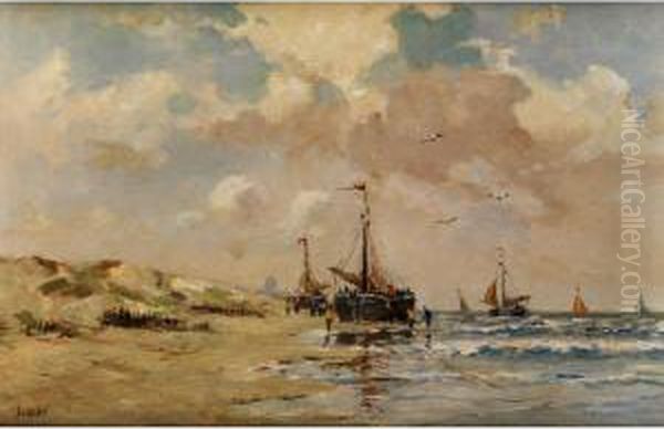 Uferlandschaft Mit Am Ufer Liegenden Fischerbooten,figurenstaffage Sowie Weiteren Segelschiffen Auf Dem Meer Unterwolken Oil Painting by Jan Wessel Van Delden