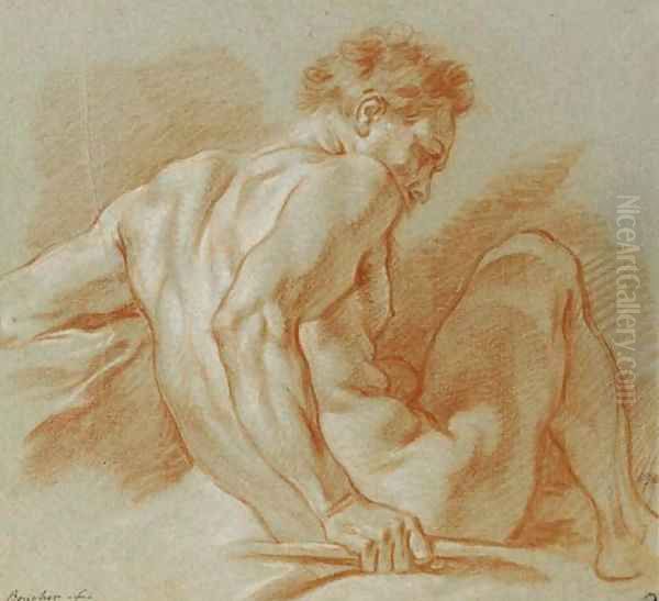 A seated nude holding a staff Oil Painting by Francois Boucher