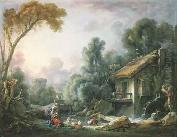 Le Moulin à Eau A landscape with a herdsman and his family by a mill Oil Painting by Francois Boucher