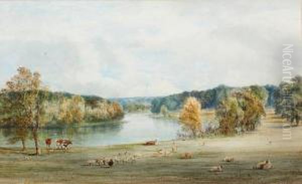 Extensive River Landscape, With Sheep Andcattle To The Foreground Oil Painting by Edgar E. West