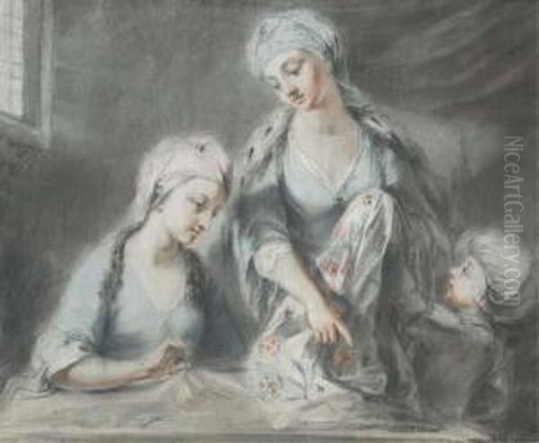 Figures Sewing In An Interior Oil Painting by Francis Robert West