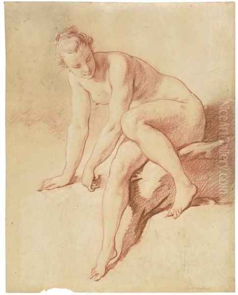 A seated female nude leaning forward and looking down to the right Oil Painting by Francois Boucher