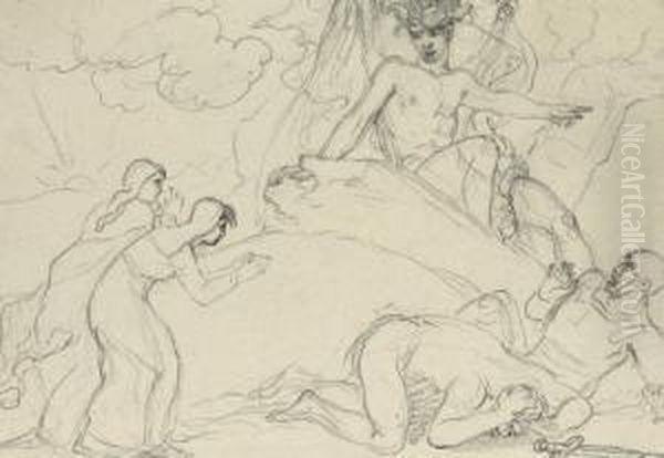 Two Studies Of The Angel At The Sepulchre Announcing The Resurrection To The Three Marys, One With A Nude Figure Study For The Angel (
Verso
); And Study For The Entombment Oil Painting by Raphael Lamarr West