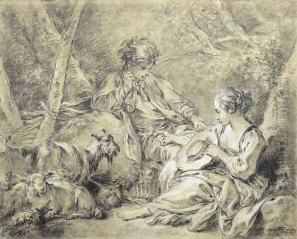 A young shepherdess presenting a flower to a shepherd Oil Painting by Francois Boucher