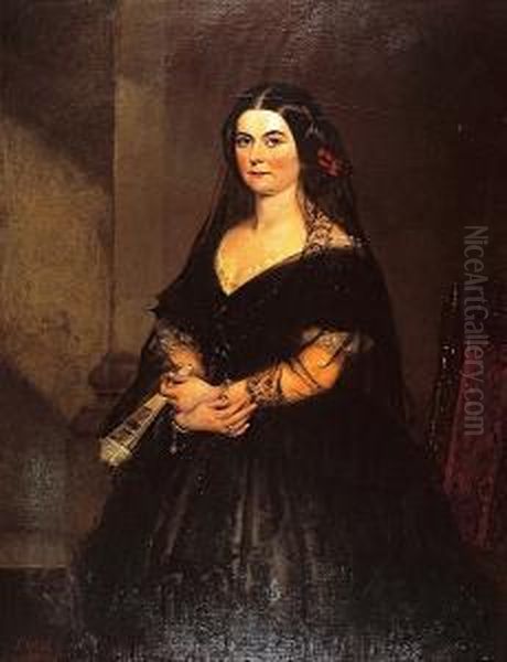 Portrait Of A Lady In A Black Dress Holding A Fan Oil Painting by Samuel West