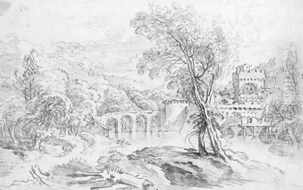 An extensive river landscape with a bridge and a fortified town beyond Oil Painting by Francois Boucher