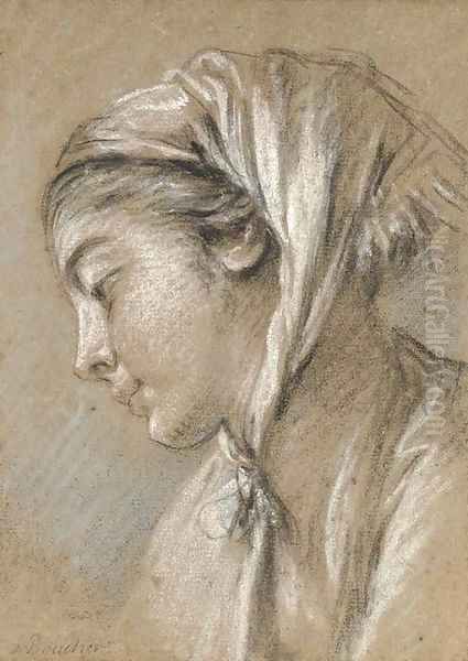 Head of a girl looking down to the left wearing a scarf Oil Painting by Francois Boucher