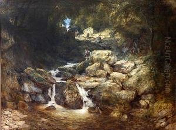 Fishermen And Other Figures By A Rockywaterfall, Bettws-y-coed Oil Painting by William Edward West