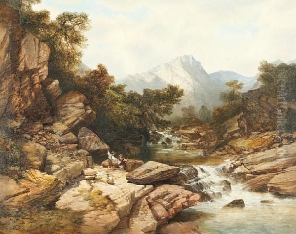 Rocky River Landscape With Children Angling Oil Painting by William Edward West