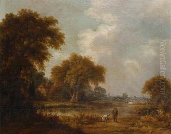 Figures By A Lake With Cattle Grazingbeyond Oil Painting by J. Westall