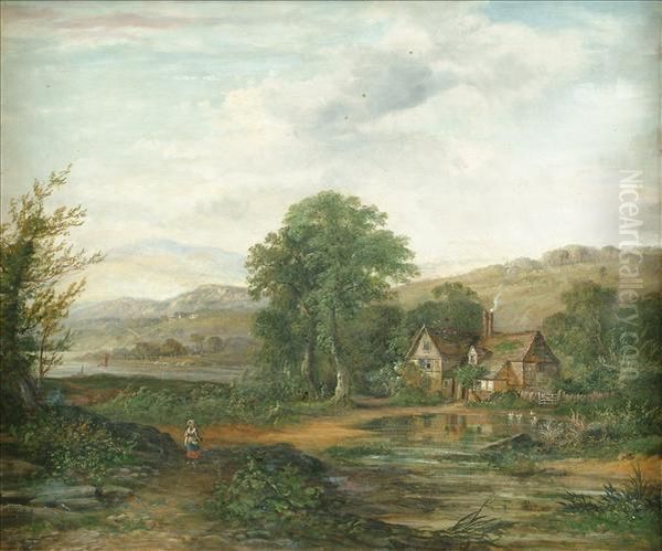 A Figure Near Afarm House In Wooded River Landscape Oil Painting by J. Westall