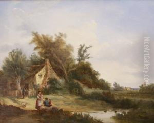 Figures Outside Cottage Oil Painting by J. Westall