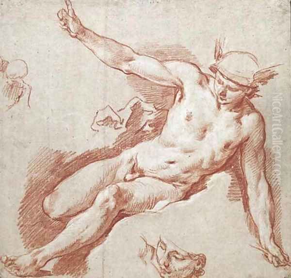 Mercury reclining on a cloud, pointing to the sky with his left arm, with subsidiary studies of his head and shoulder Oil Painting by Francois Boucher