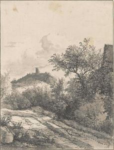 A Track Near A Fort And Another Building (recto); And Study Of A Fallen Tree Oil Painting by George Pieter Westenberg