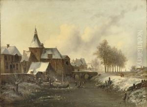 Townspeople On The Ice Near A Church Oil Painting by George Pieter Westenberg