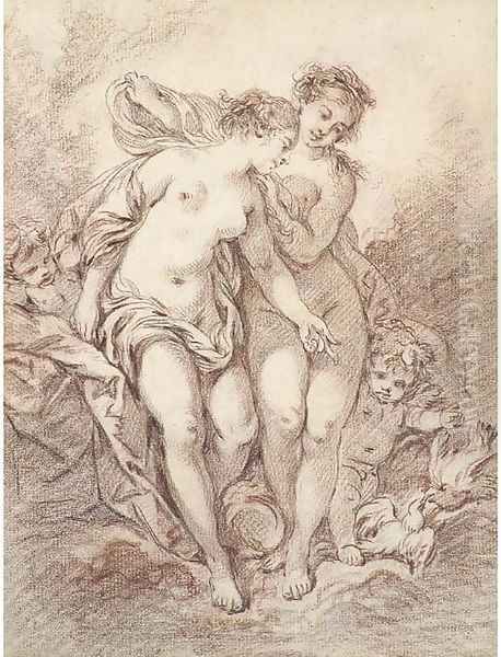 Two nymphs with putti and doves Oil Painting by Francois Boucher