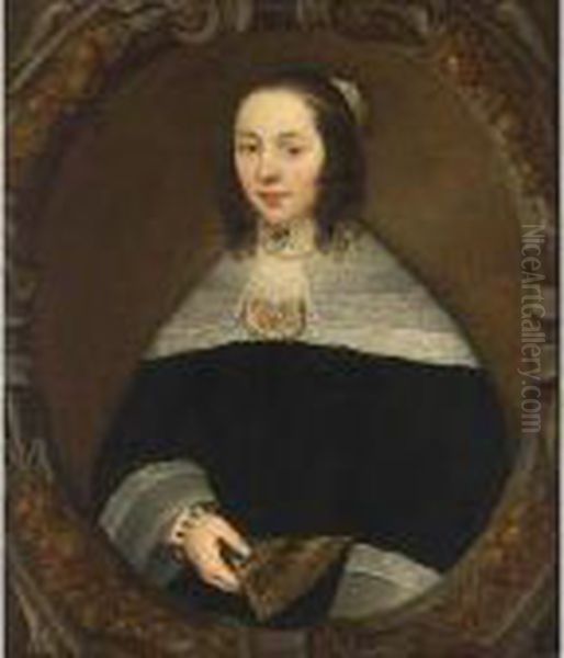 A Portrait Of A Lady, Aged 23, Half Length, Wearing A Black Velvet Dress With A Lace Collar And Cuffs, Holding A Fan In Her Left Hand, In A Trompe L'oeil Painted Carved Oval Frame Oil Painting by Jan Jansz Westerbaen