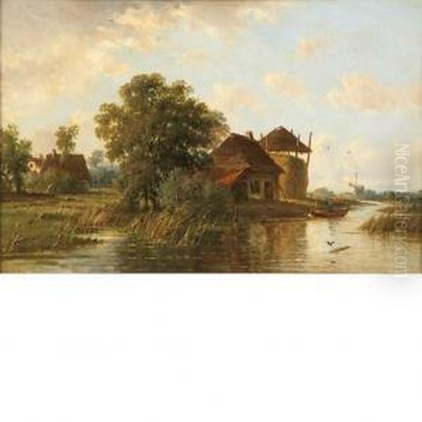 River Landscape In Holland Oil Painting by Cornelis I Westerbeek