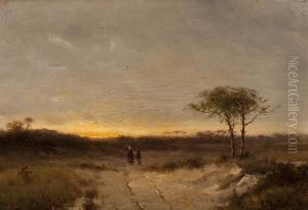 Heathland At Sunset Oil Painting by Cornelis I Westerbeek