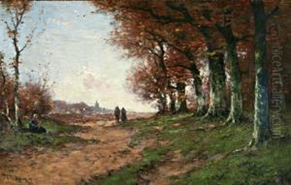 Figuren Op Landweg Aan De Bosrand Oil Painting by Cornelis Ii Westerbeek