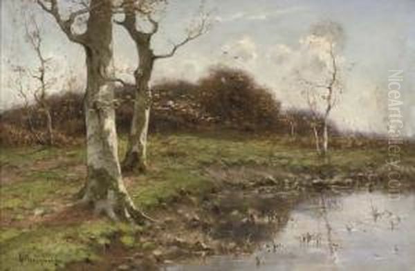 Trees On A Riverbank Oil Painting by Cornelis Ii Westerbeek