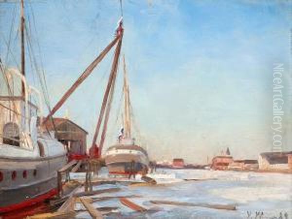 Harbour In Winter Oil Painting by Victor Westerholm