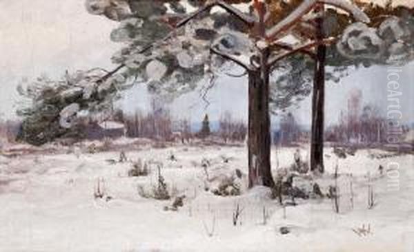 Snow Covered Pine Trees Oil Painting by Victor Westerholm