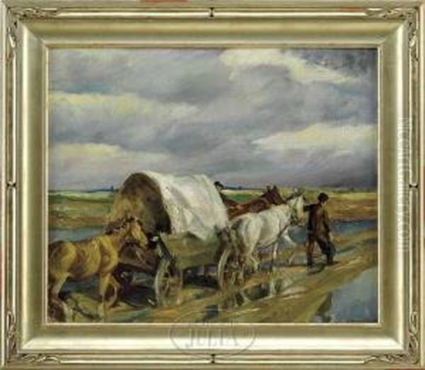 Leading The Covered Wagon Oil Painting by William Westley Manning