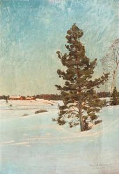 A Sunny Winter Landscape Oil Painting by Edvard Westman