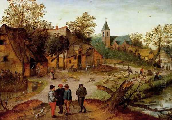 A Village Landscape With Farmers Oil Painting by Pieter The Younger Brueghel