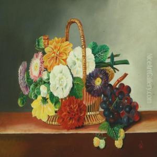 Still Life Flowers And Fruits In A Basket Oil Painting by Anna Westphal