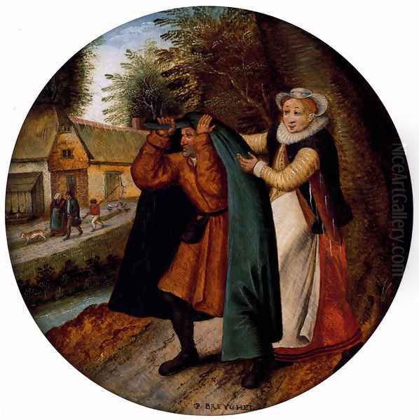 A Flemish Proverb: 'A Wife Hiding Her Infidelity From Her Husband Under A Blue Cloak' Oil Painting by Pieter The Younger Brueghel