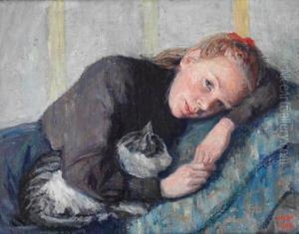 Ung Kvinne Med Katt 1908 Oil Painting by Wilhelm Wetlesen