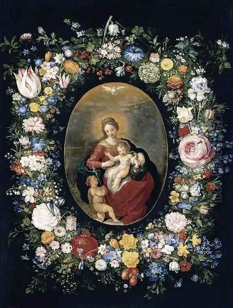 Virgin and Child with Infant St John in a Garland of Flowers Oil Painting by Pieter The Younger Brueghel