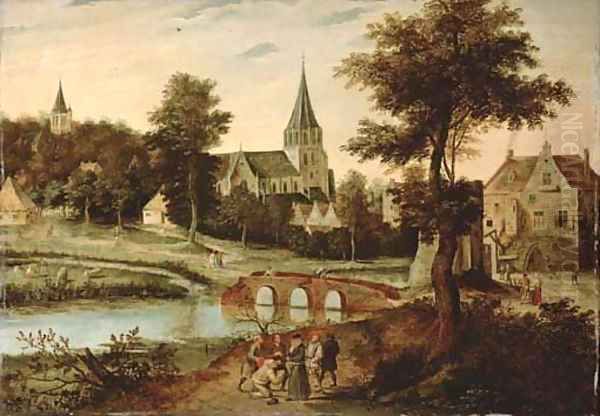 A village landscape with a bridge, figures on a track in the foreground Oil Painting by Pieter The Younger Brueghel