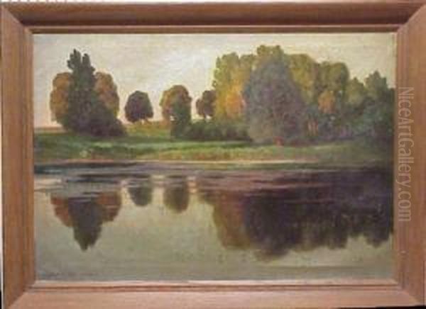 Landscape, Trees Reflected In Body Of Water Oil Painting by Adalbert Wex