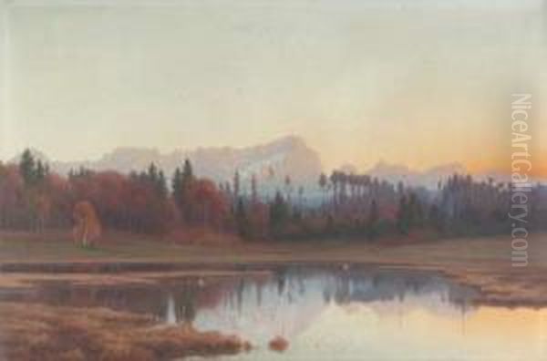 Abendlicheherbststimmung Uber Voralpensee Oil Painting by Adalbert Wex