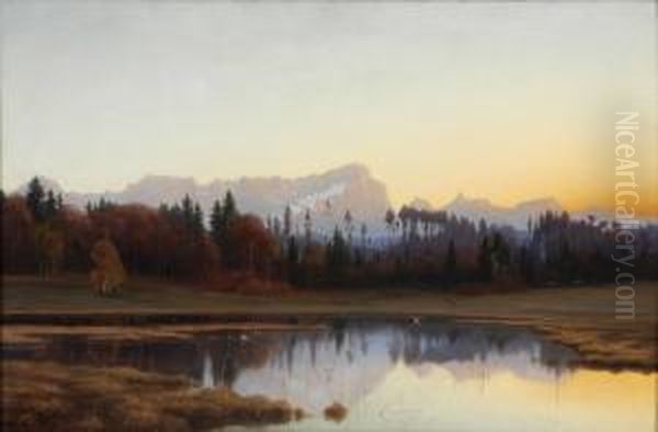 Ostersee Mit Blick Auf Die Zugspitze. Oil Painting by Adalbert Wex