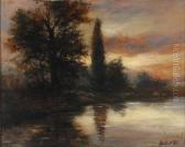 Baumbestandenesseeufer In Der Abenddammerung Oil Painting by Adalbert Wex